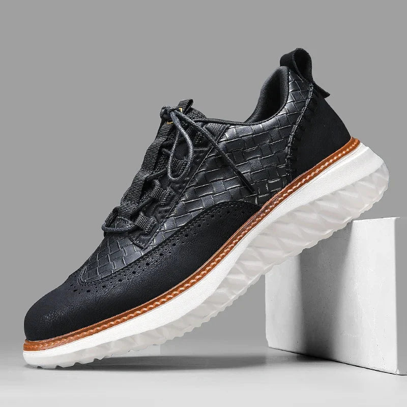 Step Up Your Style with Men's Genuine Leather Casual Mesh Sneakers