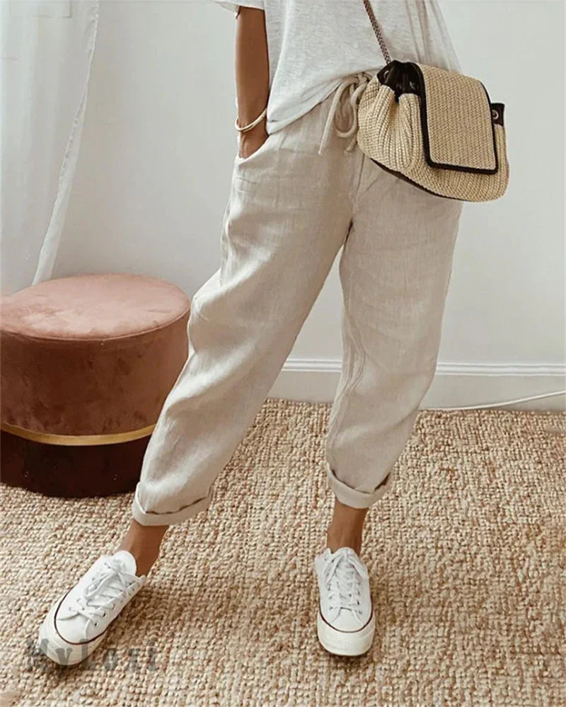 Pantaloni Donna in Lino a Vita Alta Leggeri E Traspiranti